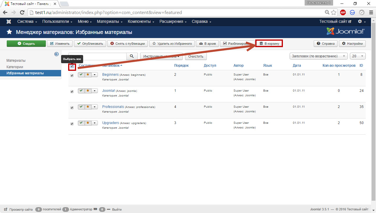 Удаление демонстрационных статей